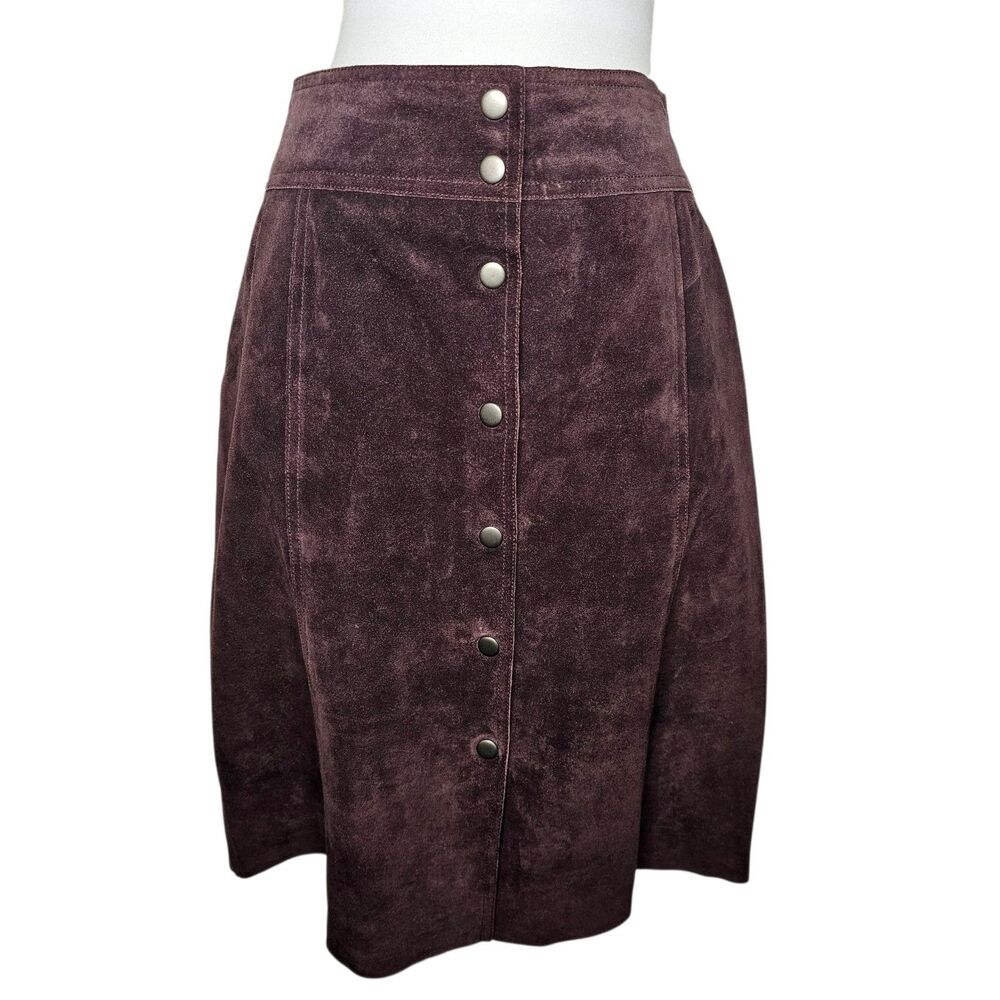 Theory Genuine Suede Skirt Chocolate Brown Snap Front A-Line Fall Chic Sz 8 28”